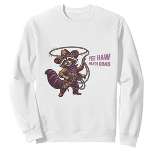 Mardi Gras Raccoon Sweatshirt Yee Haw Cowboy Mardi Gras Carnival Trendy Meme TS14 White Print Your Wear