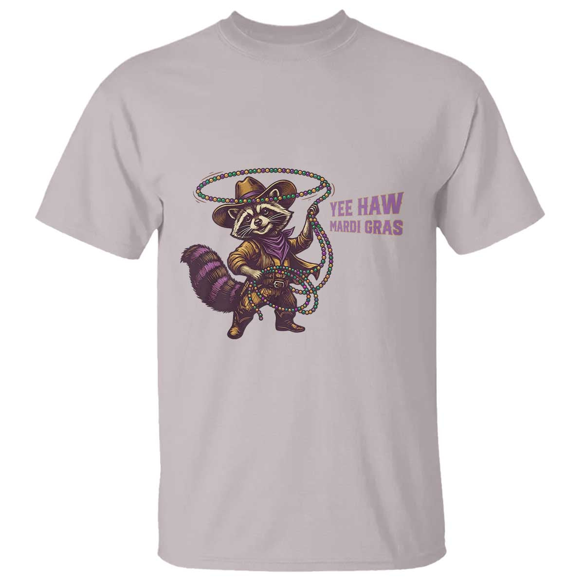 Mardi Gras Raccoon T Shirt Yee Haw Cowboy Mardi Gras Carnival Trendy Meme TS14 Ice Gray Print Your Wear