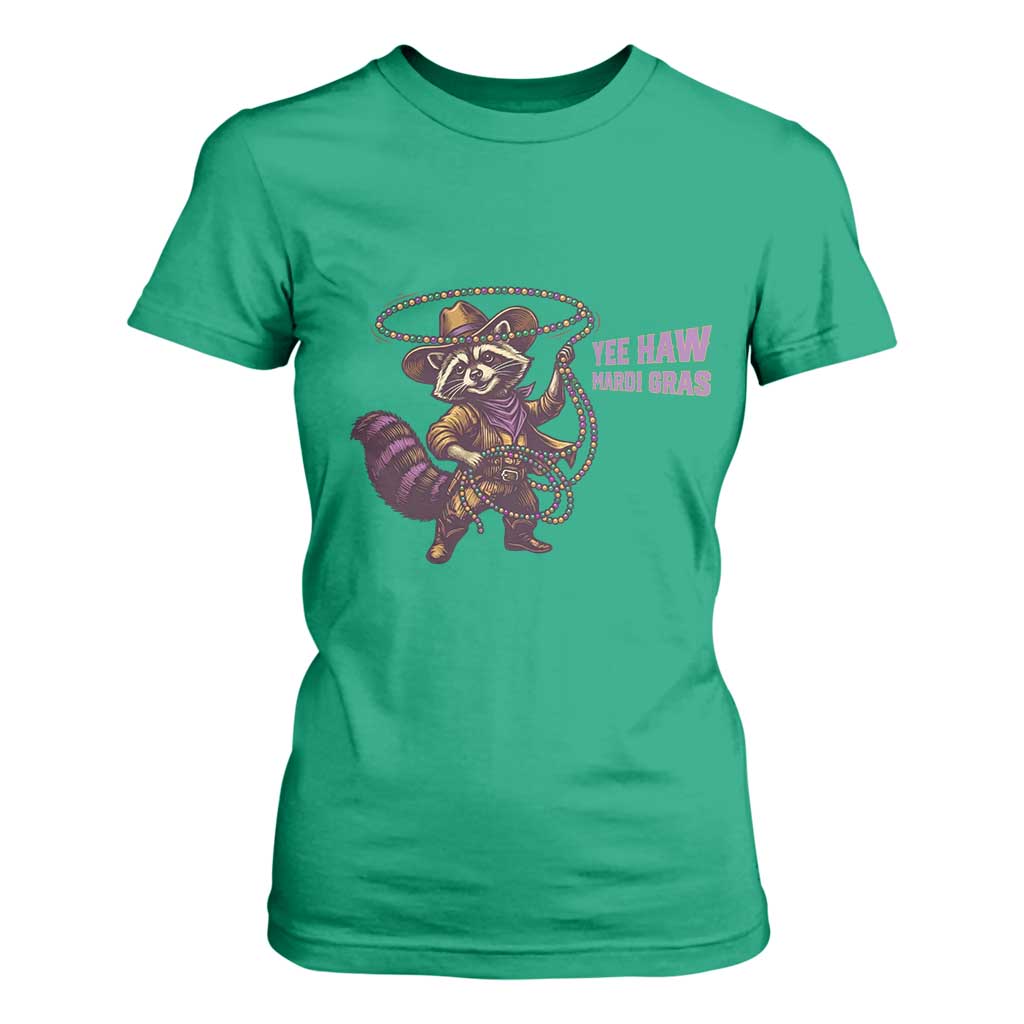 Mardi Gras Raccoon T Shirt For Women Yee Haw Cowboy Mardi Gras Carnival Trendy Meme TS14 Irish Green Print Your Wear