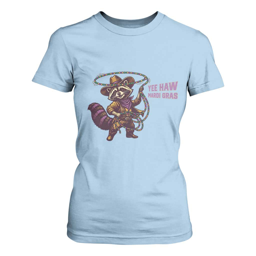 Mardi Gras Raccoon T Shirt For Women Yee Haw Cowboy Mardi Gras Carnival Trendy Meme TS14 Light Blue Print Your Wear