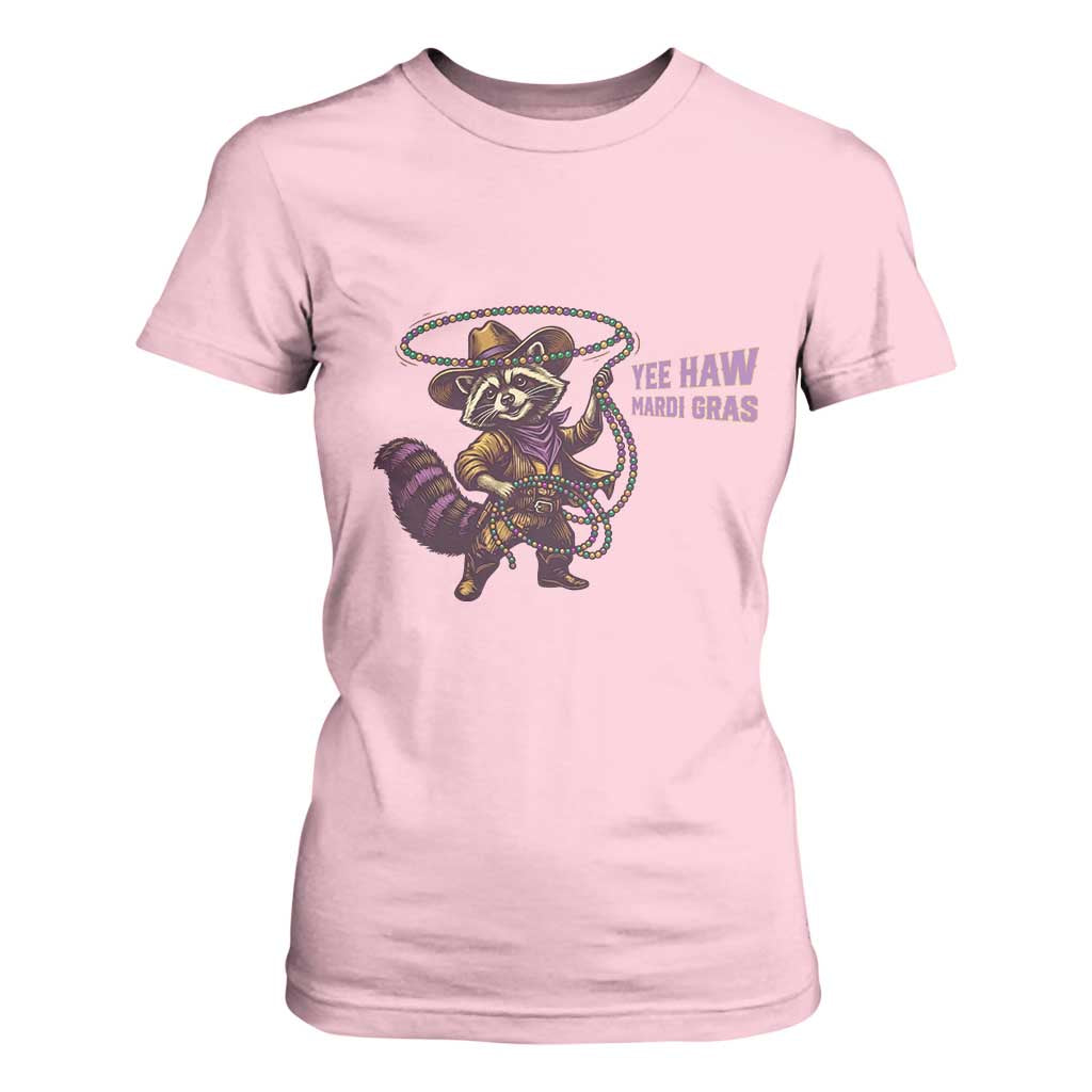Mardi Gras Raccoon T Shirt For Women Yee Haw Cowboy Mardi Gras Carnival Trendy Meme TS14 Light Pink Print Your Wear