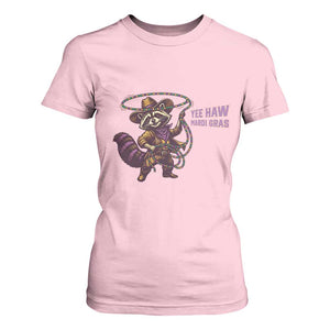 Mardi Gras Raccoon T Shirt For Women Yee Haw Cowboy Mardi Gras Carnival Trendy Meme TS14 Light Pink Print Your Wear