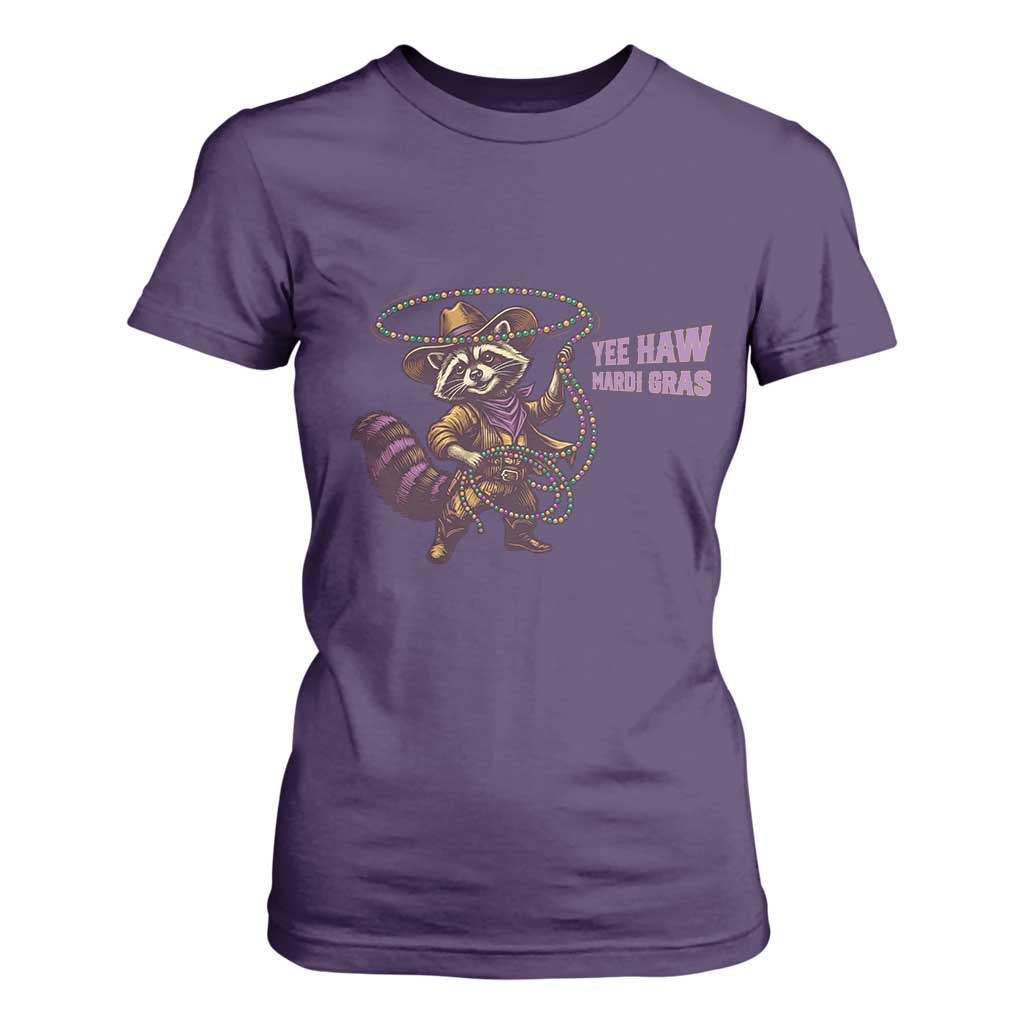 Mardi Gras Raccoon T Shirt For Women Yee Haw Cowboy Mardi Gras Carnival Trendy Meme TS14 Purple Print Your Wear