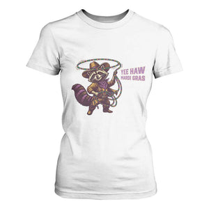 Mardi Gras Raccoon T Shirt For Women Yee Haw Cowboy Mardi Gras Carnival Trendy Meme TS14 White Print Your Wear