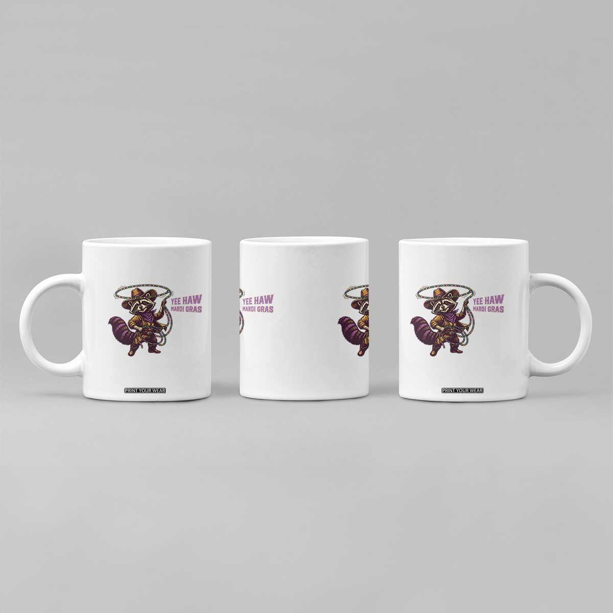 Mardi Gras Raccoon Coffee Mug Yee Haw Cowboy Mardi Gras Carnival Trendy Meme TS14 Print Your Wear