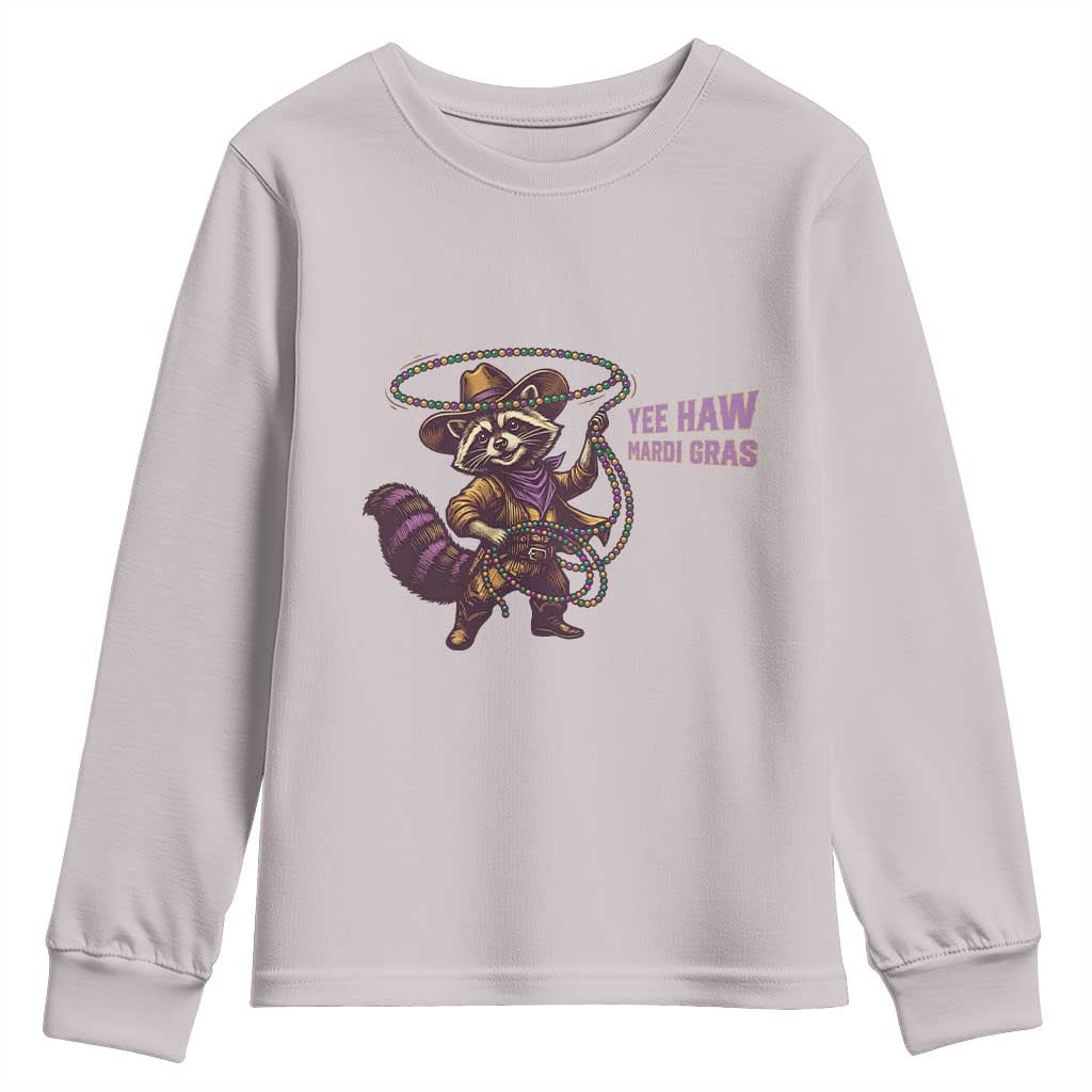 Mardi Gras Raccoon Youth Sweatshirt Yee Haw Cowboy Mardi Gras Carnival Trendy Meme TS14 Ice Gray Print Your Wear