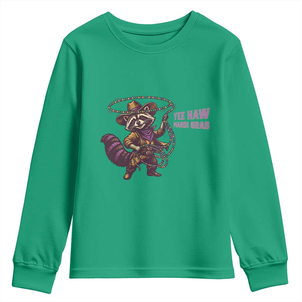 Mardi Gras Raccoon Youth Sweatshirt Yee Haw Cowboy Mardi Gras Carnival Trendy Meme TS14 Irish Green Print Your Wear