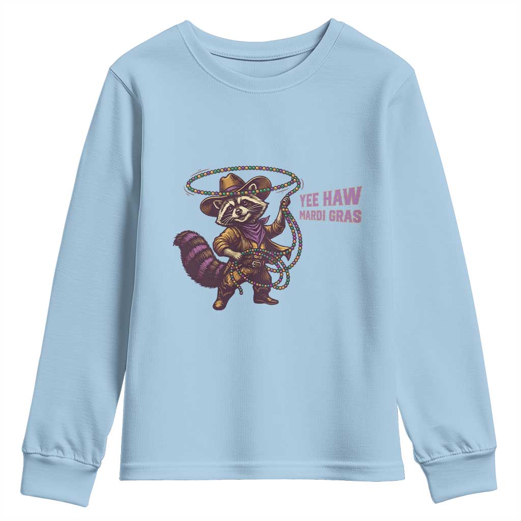 Mardi Gras Raccoon Youth Sweatshirt Yee Haw Cowboy Mardi Gras Carnival Trendy Meme TS14 Light Blue Print Your Wear