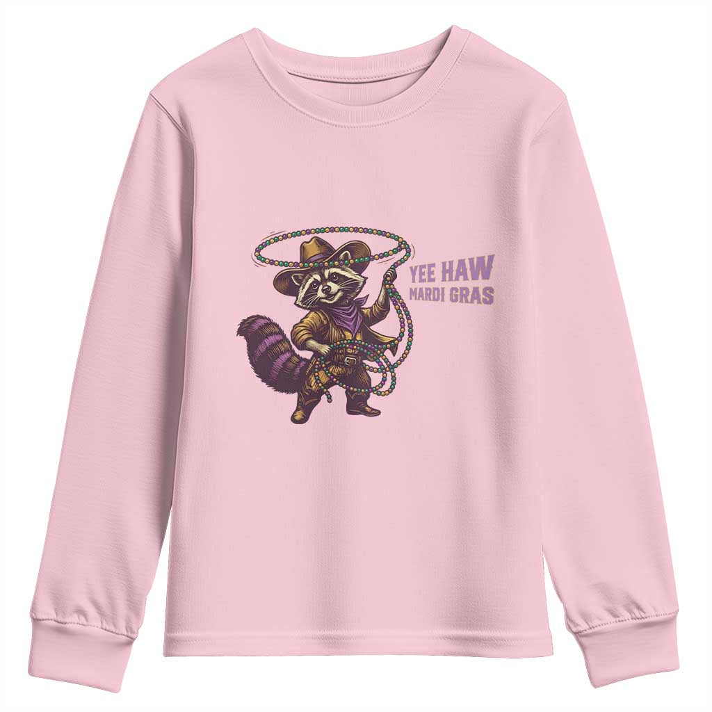 Mardi Gras Raccoon Youth Sweatshirt Yee Haw Cowboy Mardi Gras Carnival Trendy Meme TS14 Light Pink Print Your Wear