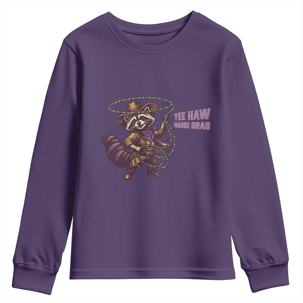 Mardi Gras Raccoon Youth Sweatshirt Yee Haw Cowboy Mardi Gras Carnival Trendy Meme TS14 Purple Print Your Wear