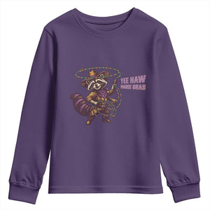 Mardi Gras Raccoon Youth Sweatshirt Yee Haw Cowboy Mardi Gras Carnival Trendy Meme TS14 Purple Print Your Wear