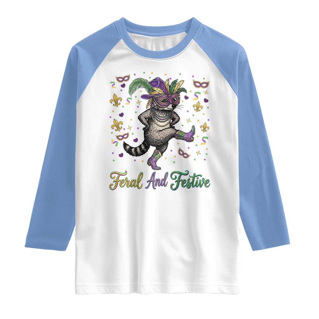 Mardi Gras Raccoon Raglan Shirt Feral And Festive TS14 White Carolina Blue Print Your Wear