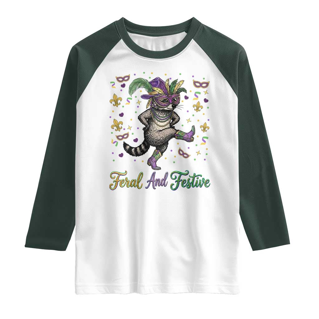 Mardi Gras Raccoon Raglan Shirt Feral And Festive TS14 White Dark Forest Green Print Your Wear