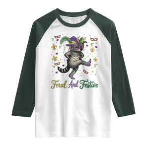 Mardi Gras Raccoon Raglan Shirt Feral And Festive TS14 White Dark Forest Green Print Your Wear