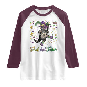 Mardi Gras Raccoon Raglan Shirt Feral And Festive TS14 White Maroon Print Your Wear