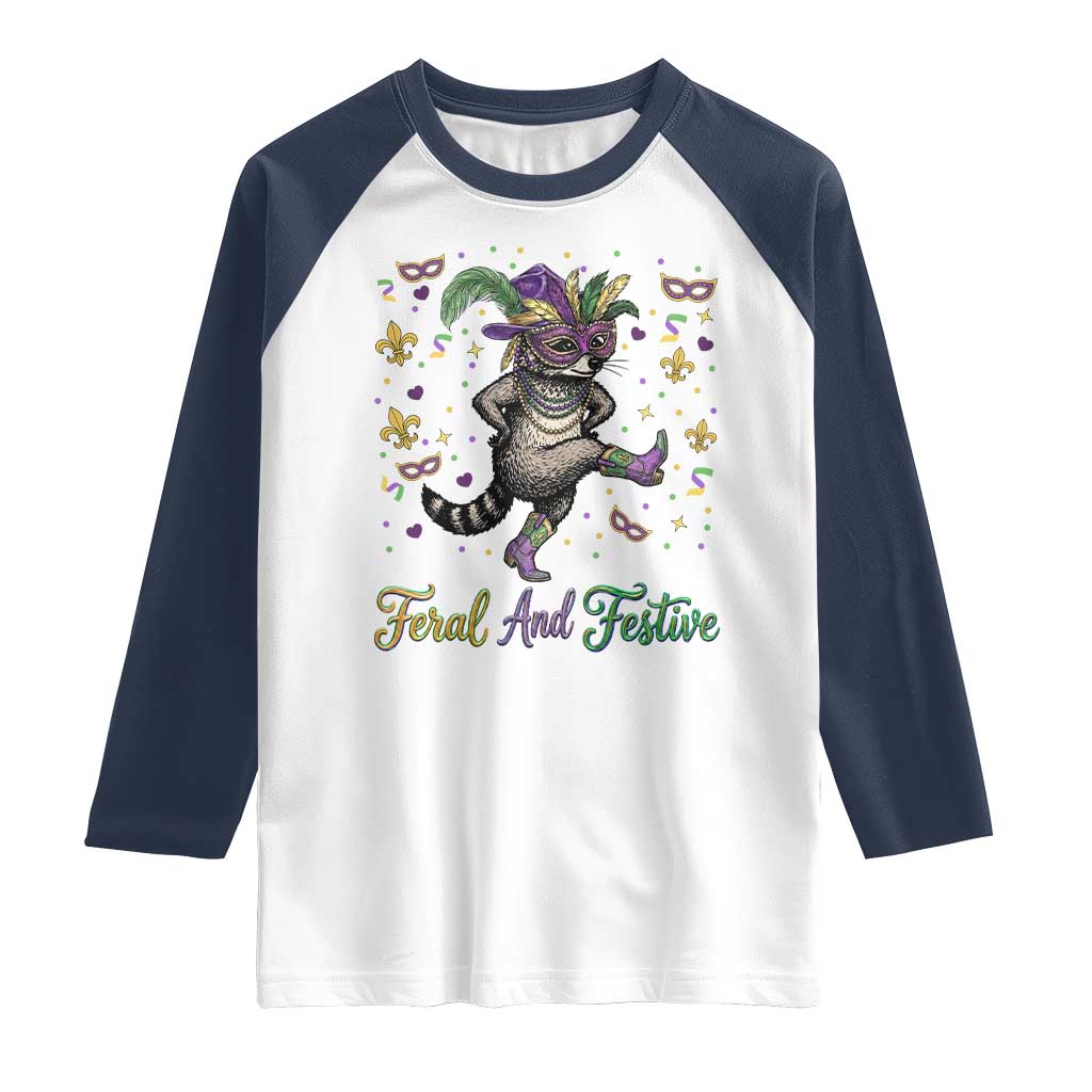 Mardi Gras Raccoon Raglan Shirt Feral And Festive TS14 White Navy Print Your Wear