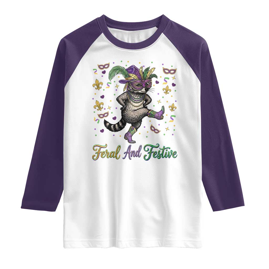 Mardi Gras Raccoon Raglan Shirt Feral And Festive TS14 White Purple Print Your Wear
