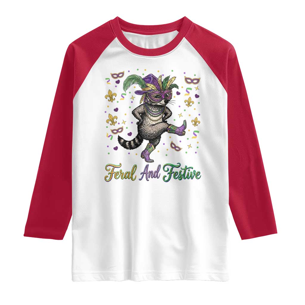 Mardi Gras Raccoon Raglan Shirt Feral And Festive TS14 White Red Print Your Wear