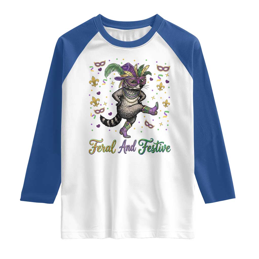 Mardi Gras Raccoon Raglan Shirt Feral And Festive TS14 White Royal Print Your Wear