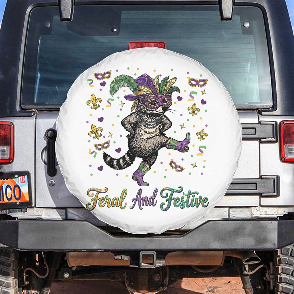 Mardi Gras Raccoon Spare Tire Cover Feral And Festive TS14 No hole White Print Your Wear