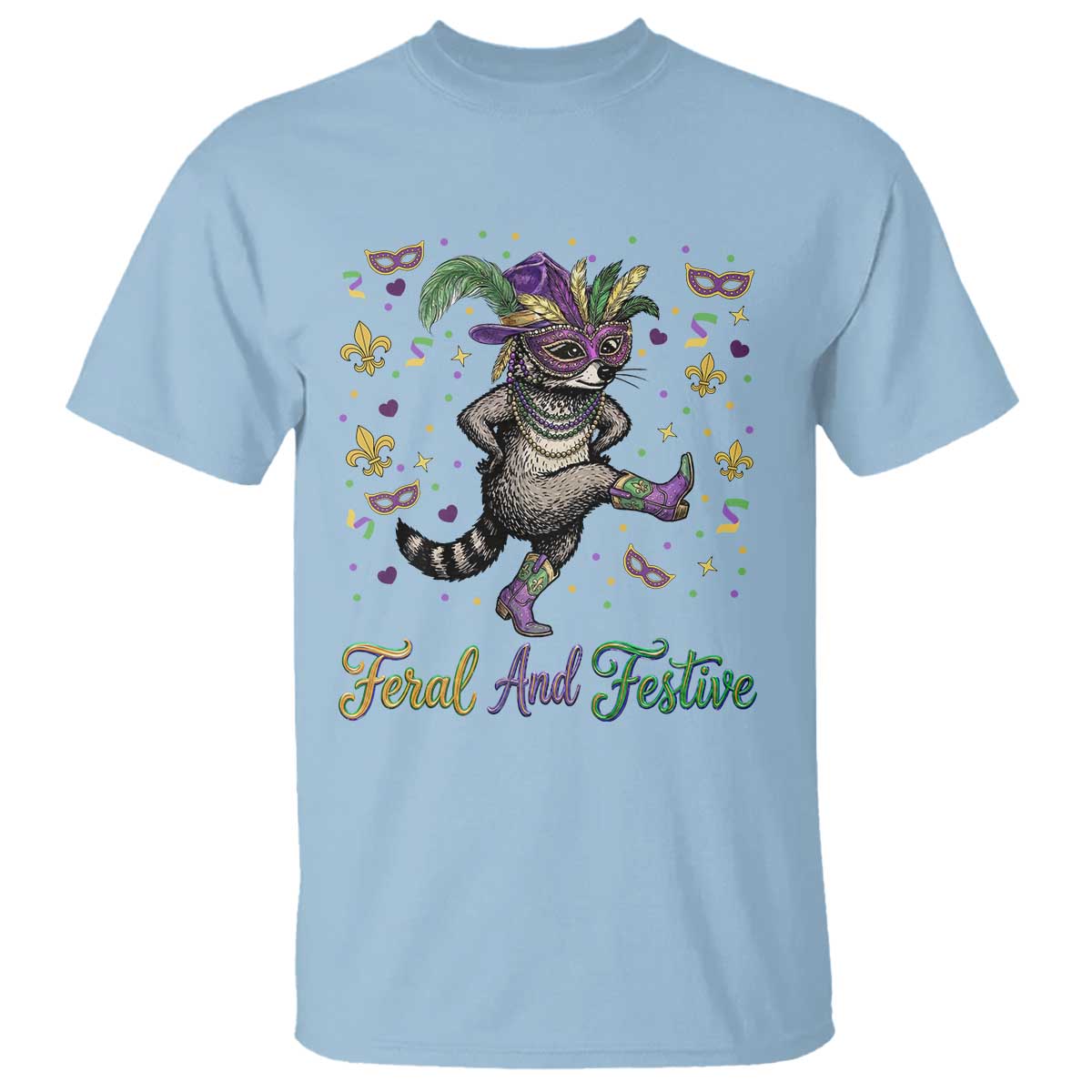 Mardi Gras Raccoon T Shirt Feral And Festive TS14 Light Blue Print Your Wear