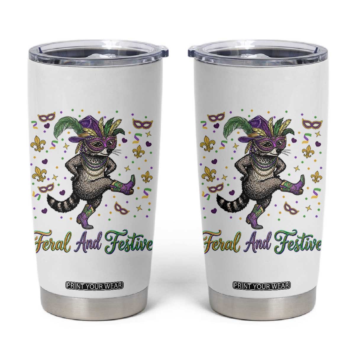 Mardi Gras Raccoon Tumbler Cup Feral And Festive TS14 White Print Your Wear