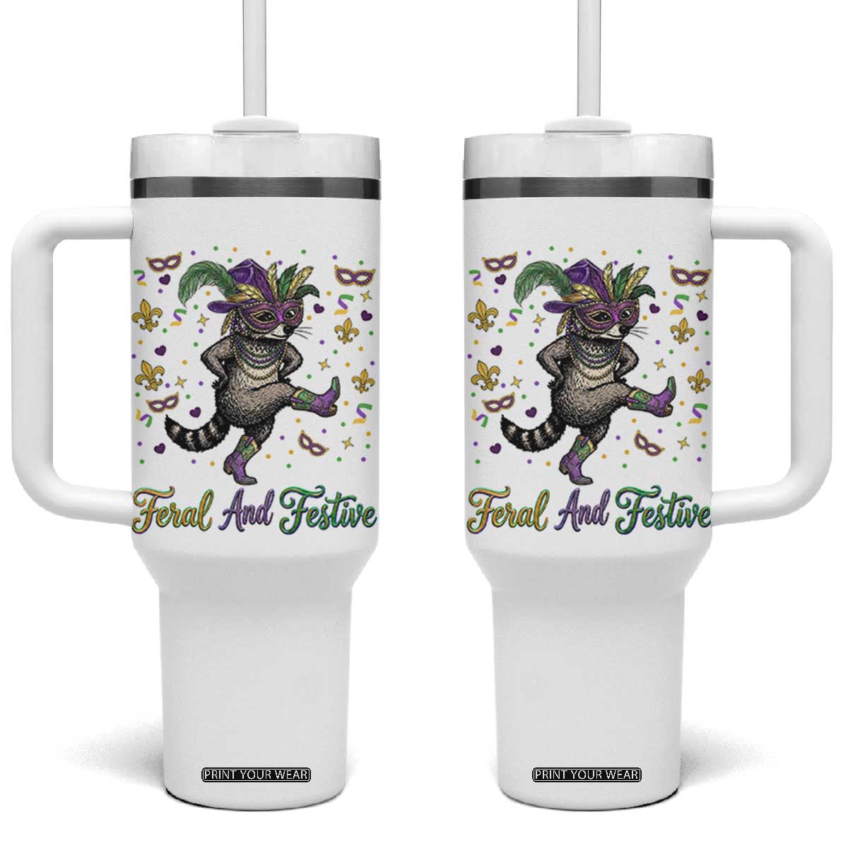 Mardi Gras Raccoon Tumbler With Handle Feral And Festive TS14 One Size: 40 oz White Print Your Wear