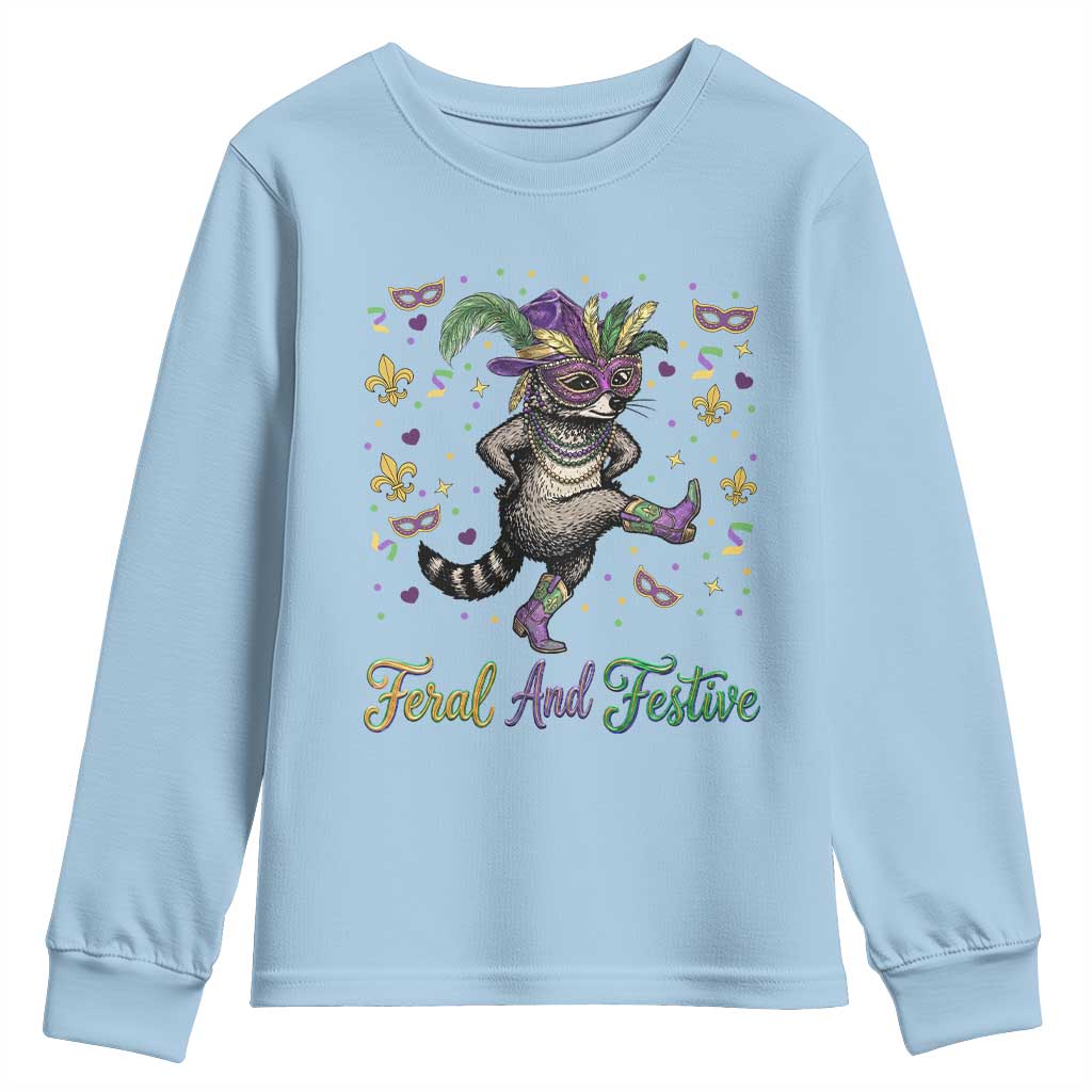 Mardi Gras Raccoon Youth Sweatshirt Feral And Festive TS14 Light Blue Print Your Wear