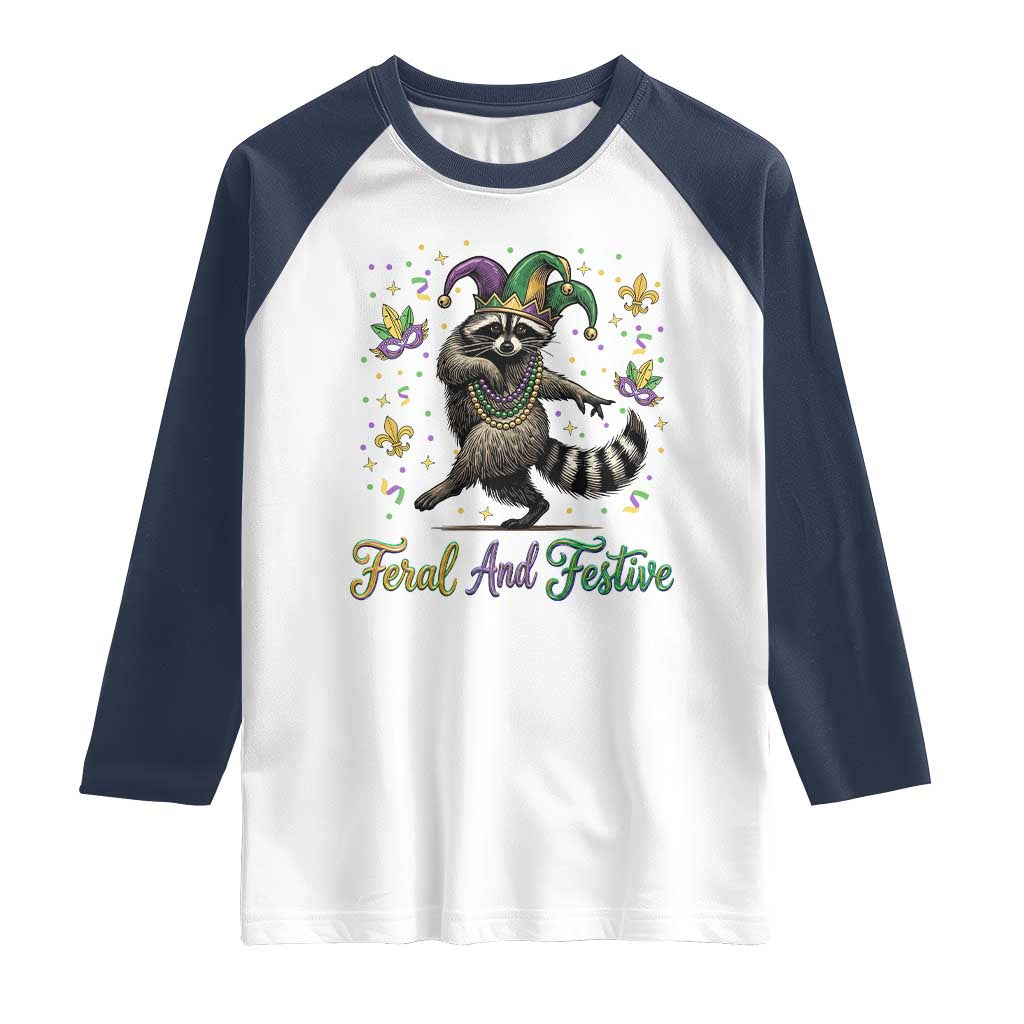 Mardi Gras Raccoon Raglan Shirt Feral And Festive Trased Panda TS14 White Navy Print Your Wear