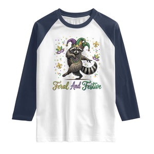 Mardi Gras Raccoon Raglan Shirt Feral And Festive Trased Panda TS14 White Navy Print Your Wear