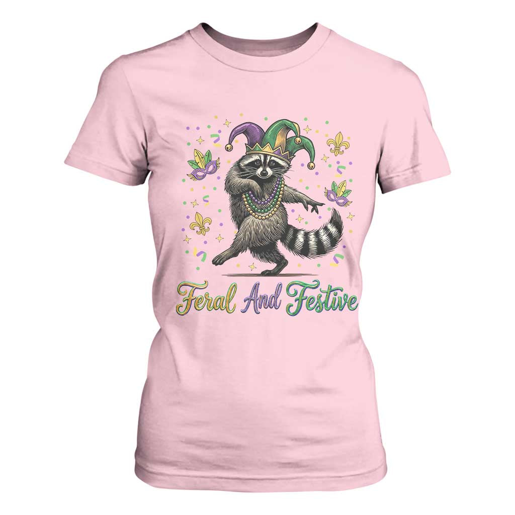 Mardi Gras Raccoon T Shirt For Women Feral And Festive Trased Panda TS14 Light Pink Print Your Wear