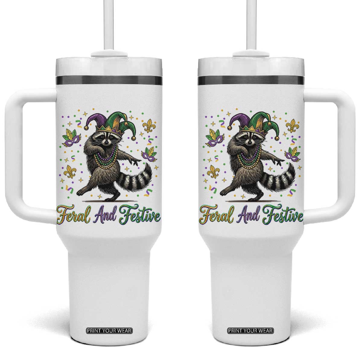 Mardi Gras Raccoon Tumbler With Handle Feral And Festive Trased Panda TS14 One Size: 40 oz White Print Your Wear