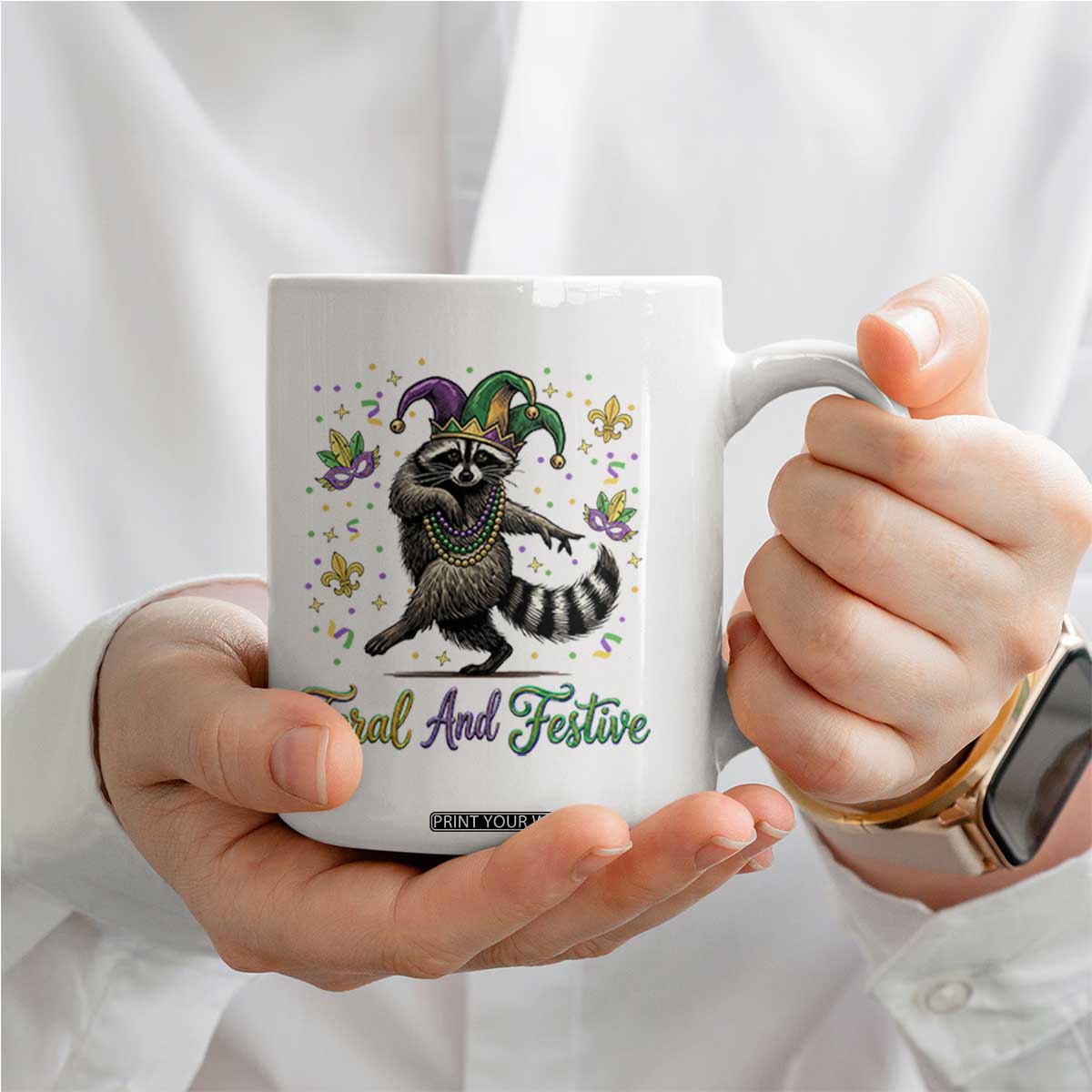 Mardi Gras Raccoon Coffee Mug Feral And Festive Trased Panda TS14 Print Your Wear
