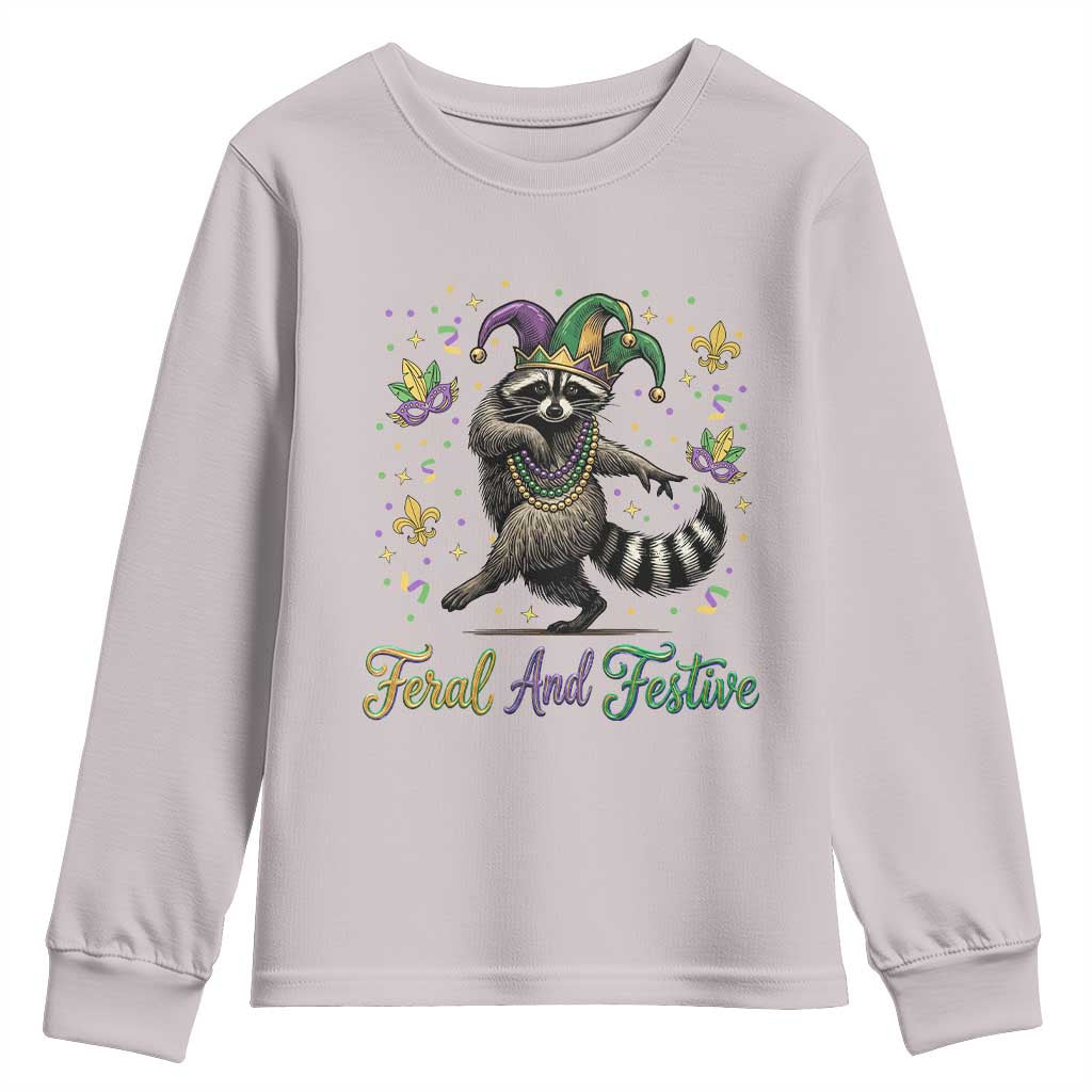 Mardi Gras Raccoon Youth Sweatshirt Feral And Festive Trased Panda TS14 Ice Gray Print Your Wear