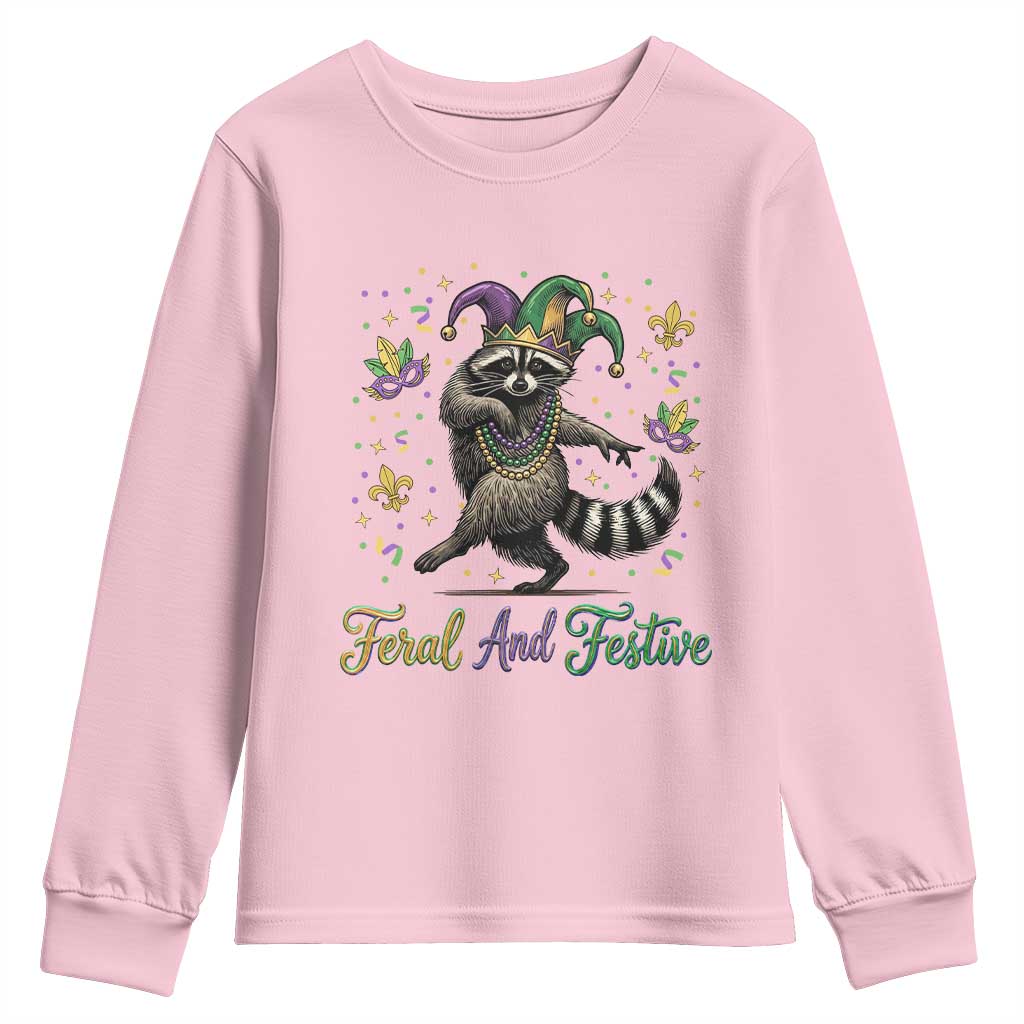 Mardi Gras Raccoon Youth Sweatshirt Feral And Festive Trased Panda TS14 Light Pink Print Your Wear