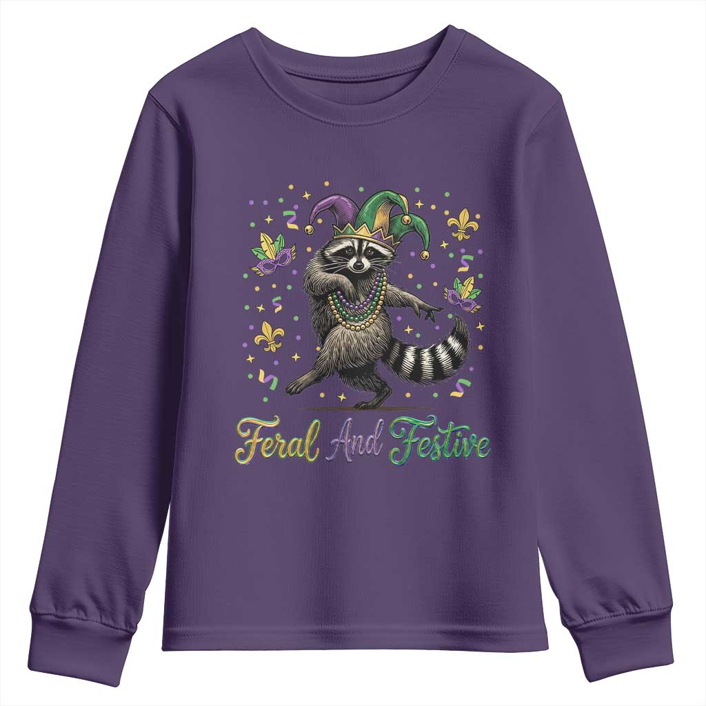 Mardi Gras Raccoon Youth Sweatshirt Feral And Festive Trased Panda TS14 Purple Print Your Wear