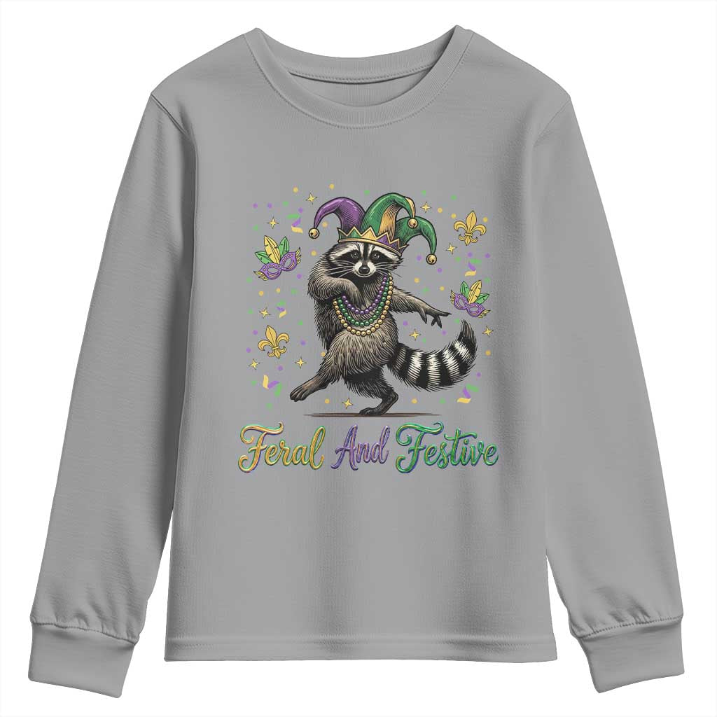 Mardi Gras Raccoon Youth Sweatshirt Feral And Festive Trased Panda TS14 Sport Gray Print Your Wear