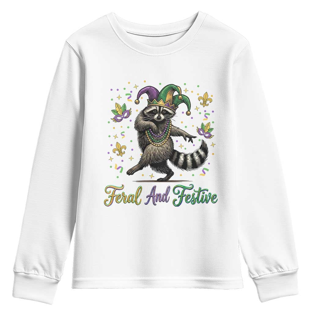 Mardi Gras Raccoon Youth Sweatshirt Feral And Festive Trased Panda TS14 White Print Your Wear