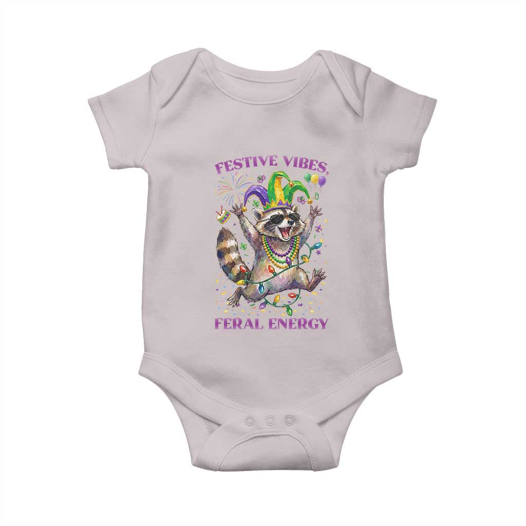 Mardi Gras Raccoon Baby Onesie Festive Vibes Feral Energy TS14 Ice Gray Print Your Wear