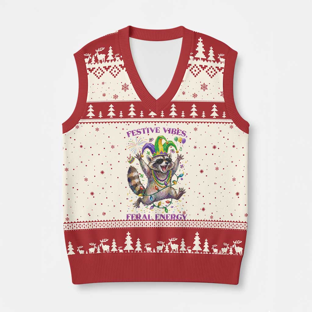 Mardi Gras Raccoon V-Neck Knit Sweater Vest Festive Vibes Feral Energy TS14 Beige Red Print Your Wear