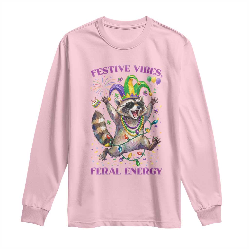 Mardi Gras Raccoon Long Sleeve Shirt Festive Vibes Feral Energy TS14 Light Pink Print Your Wear