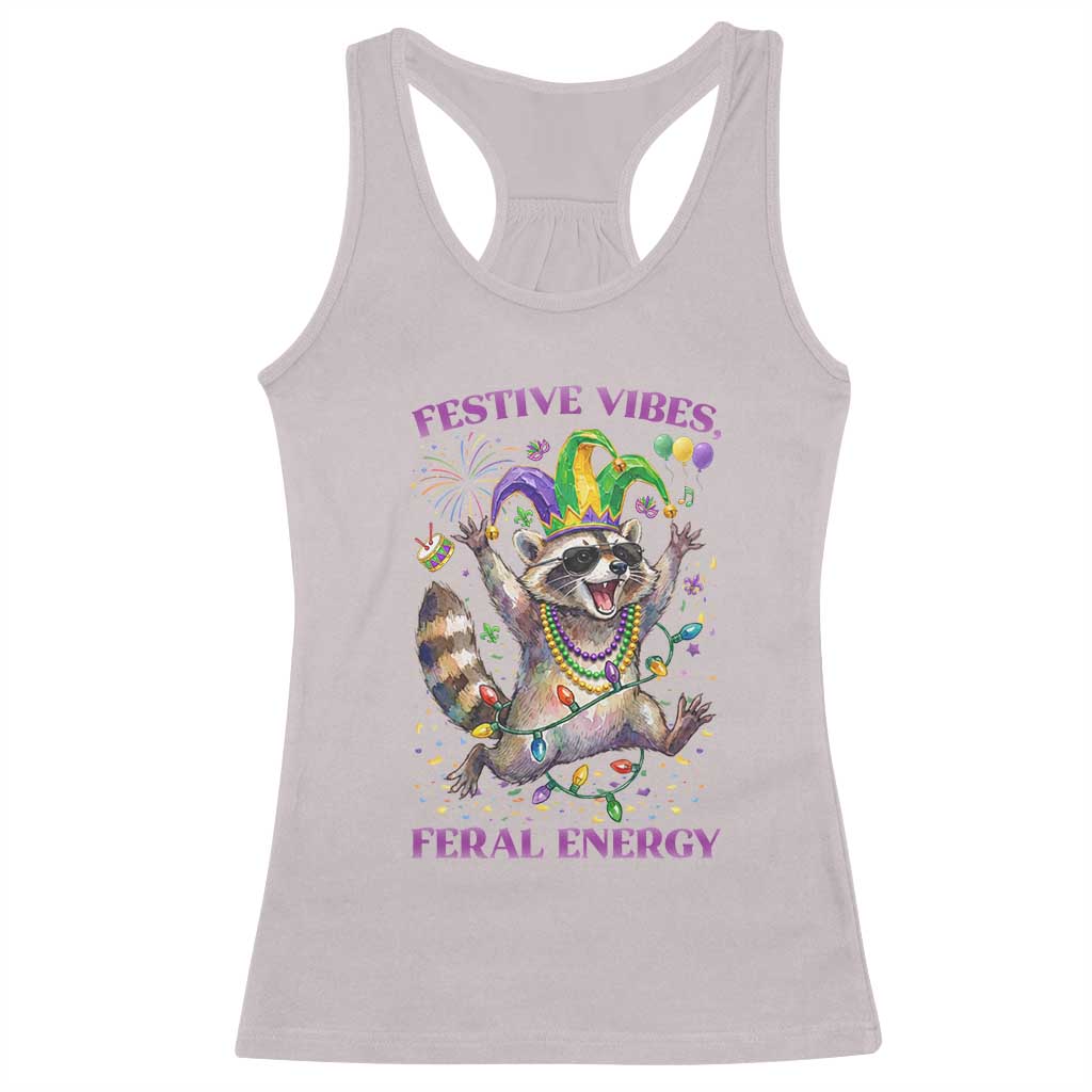Mardi Gras Raccoon Racerback Tank Top Festive Vibes Feral Energy TS14 Ice Gray Print Your Wear
