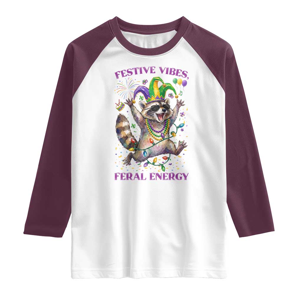 Mardi Gras Raccoon Raglan Shirt Festive Vibes Feral Energy TS14 White Maroon Print Your Wear