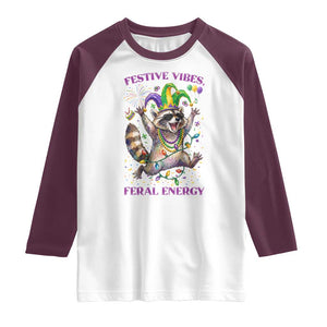 Mardi Gras Raccoon Raglan Shirt Festive Vibes Feral Energy TS14 White Maroon Print Your Wear