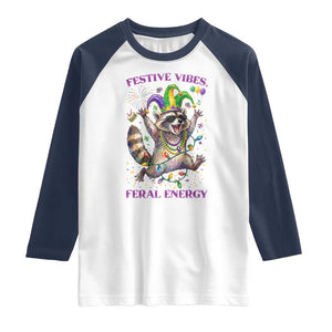 Mardi Gras Raccoon Raglan Shirt Festive Vibes Feral Energy TS14 White Navy Print Your Wear
