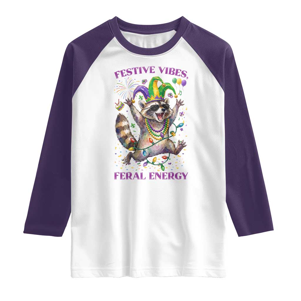 Mardi Gras Raccoon Raglan Shirt Festive Vibes Feral Energy TS14 White Purple Print Your Wear