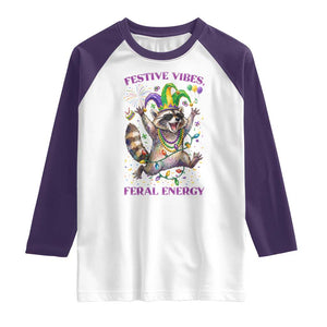 Mardi Gras Raccoon Raglan Shirt Festive Vibes Feral Energy TS14 White Purple Print Your Wear