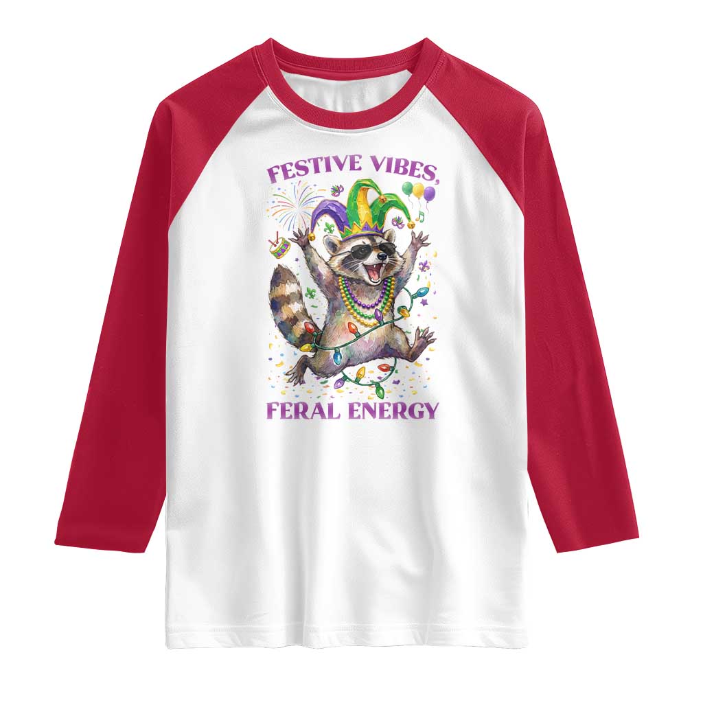 Mardi Gras Raccoon Raglan Shirt Festive Vibes Feral Energy TS14 White Red Print Your Wear