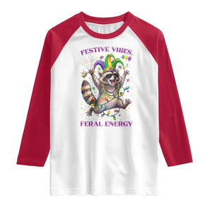 Mardi Gras Raccoon Raglan Shirt Festive Vibes Feral Energy TS14 White Red Print Your Wear