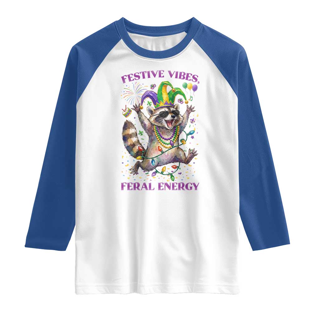 Mardi Gras Raccoon Raglan Shirt Festive Vibes Feral Energy TS14 White Royal Print Your Wear